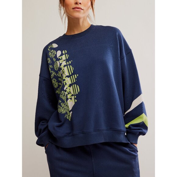 FP Movement by Free People Navy and Lime Crew Neck Sweater NWT - Picture 1 of 6